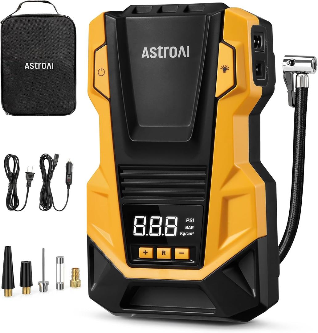 AstroAI 110V AC/12V DC Tire Inflator Portable Air Compressor, Dual Power Electric Air Pump with 150PSI Max Pressure & LED Light, Fast Inflation for Cars, Bikes, Motorcycles, and Inflatables, Yellow