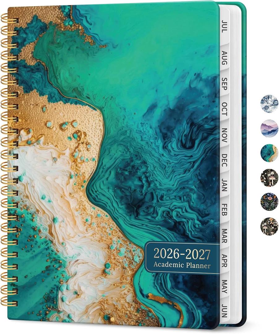 Planner 2026-2027, Academic Monthly and Weekly Calendar Planner for Women, July 2026 - June 2027, Hardcover Pretty Agenda Planner Book with Tabs, Spiral Daily Organizer for School Office Home Supplies, 6.3" x 8.5" - Emerald Shores