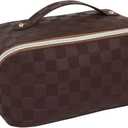 Travel Toiletry Bag Makeup Bag, Water-Resistent Cosmetic Bags for Women, Portable Pouch Open Flat Make Up Organizer Case, Cosmetic Bags, Brown Grid