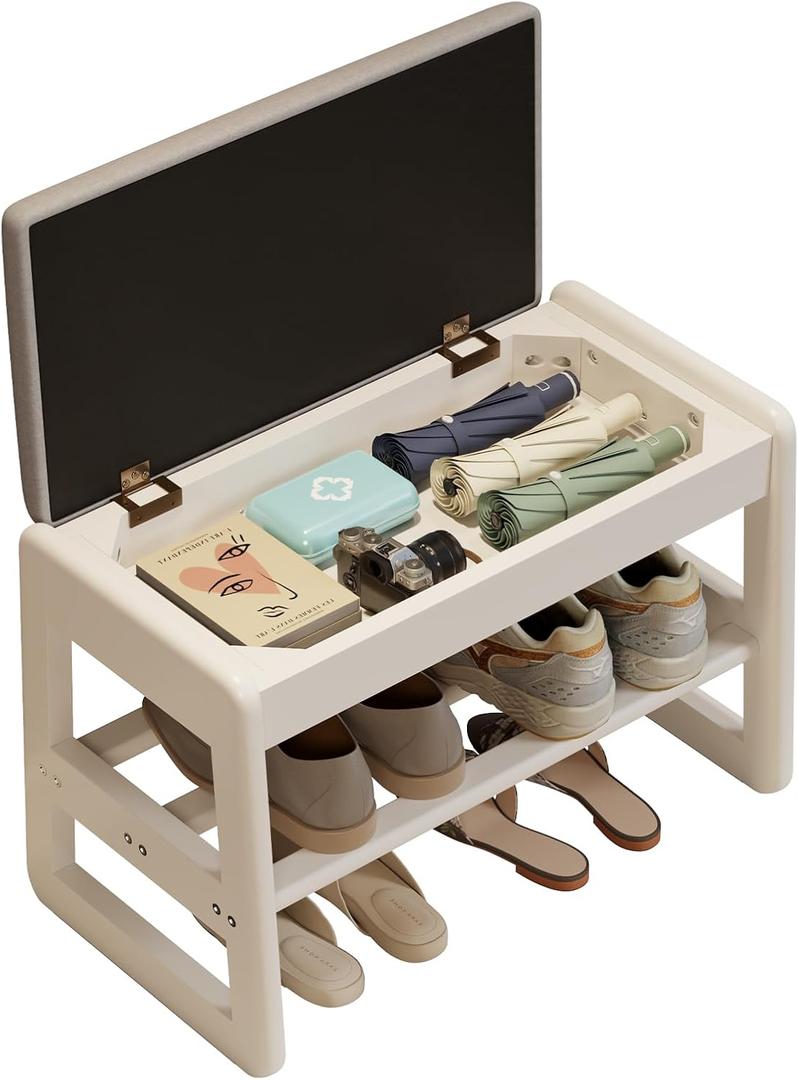 Small Shoe Bench with Cushion,2 Tiers Shoe Rack Bench with Flip-Top Storage,Wood Shoe Rack for EntrywayWhite,23.62"