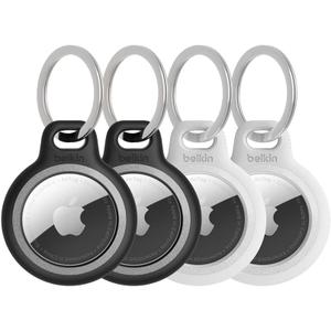 Belkin Apple AirTag Reflective Secure Holder w/Key Ring, Scratch-Resistant Case w/Raised Edges - Protective AirTag Keychain Accessory for Keys, Child Tracking Device, Pets - Black/White (4-Pack)