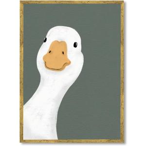Balsuka Funny Silly Goose Wall Art Dark Green Animal Poster Cute Minimalist Duck Canvas Print Modern Farmhouse Geese Painting for Living Room Bedroom Bathroom Playroom Decor 16x24inch Golden Frame