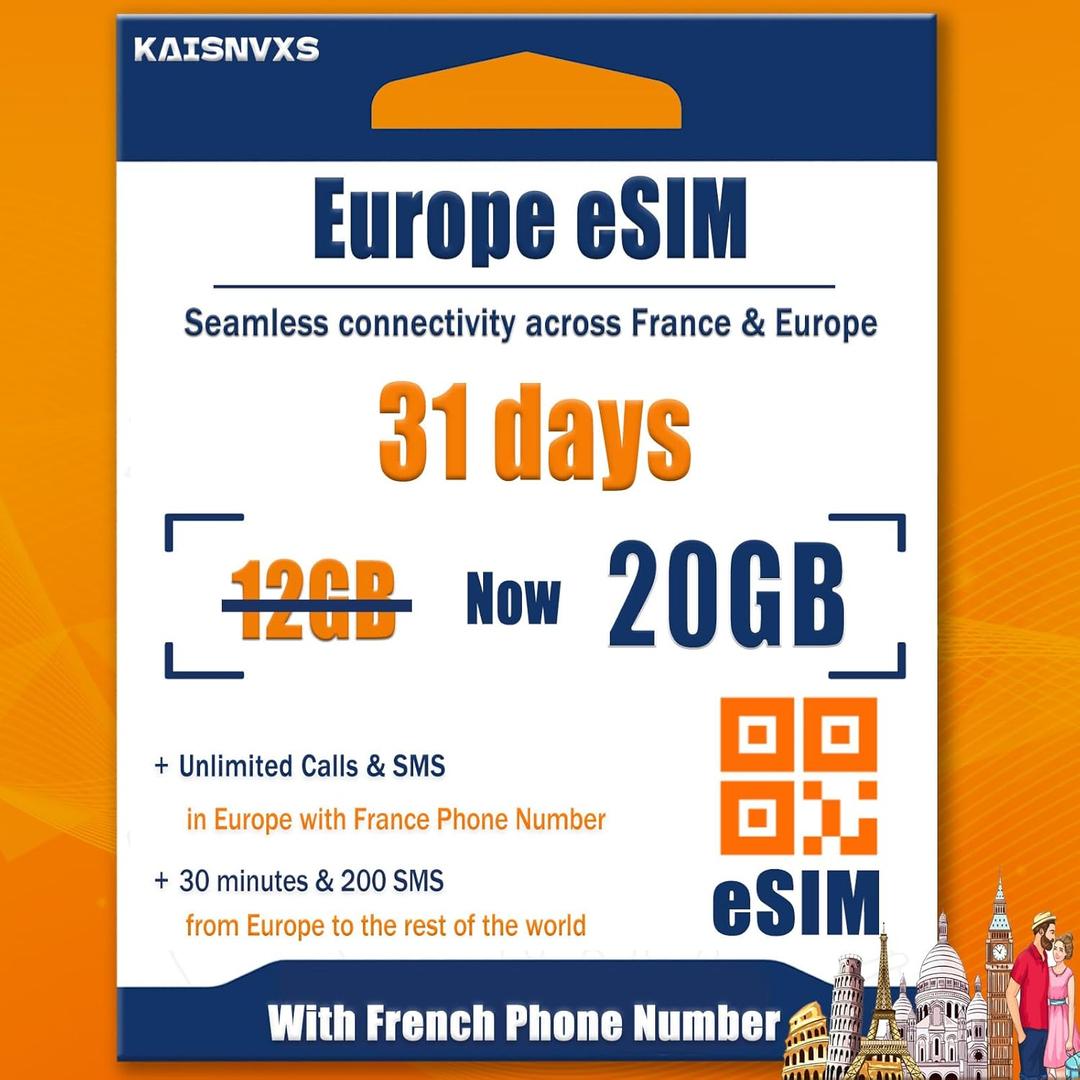 Prepaid eSIM for Europe Travel with 20GB of 4G Data, Unlimited Calls and SMS in Europe with France Phone Number, 30 mins and 200 SMS from Europe to Worldwide(Lasts for 31 Days),Tethering Allowed