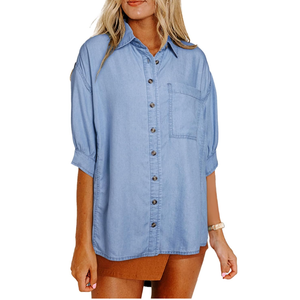 Astylish Women 2025 Denim Shirt Summer Oversized Short Sleeve V Neck Button Down Chambray Blouse Top with Pocket M