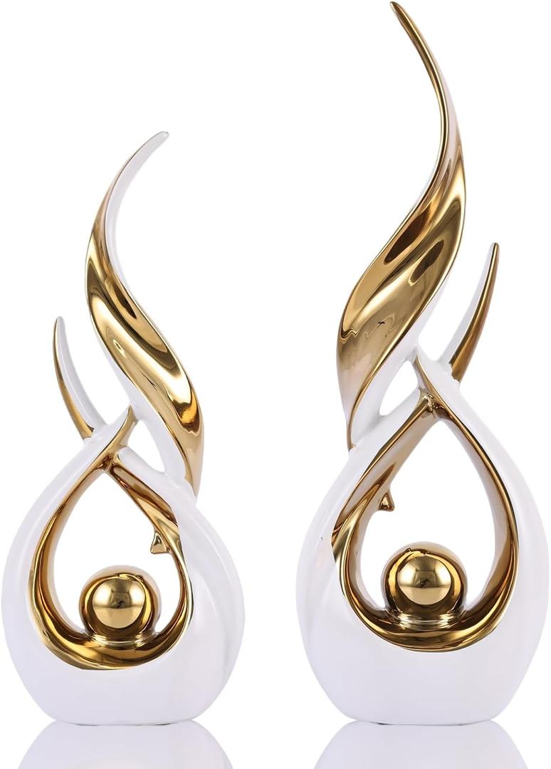 2-Piece Abstract White and Gold Home Decor, Ceramic Abstract Sculpture, Modern Art Piece, Suitable for Room Coffee Table Countertops, Office Bookshelves, Dining Table Centers, Entryway Decor. (Wg)