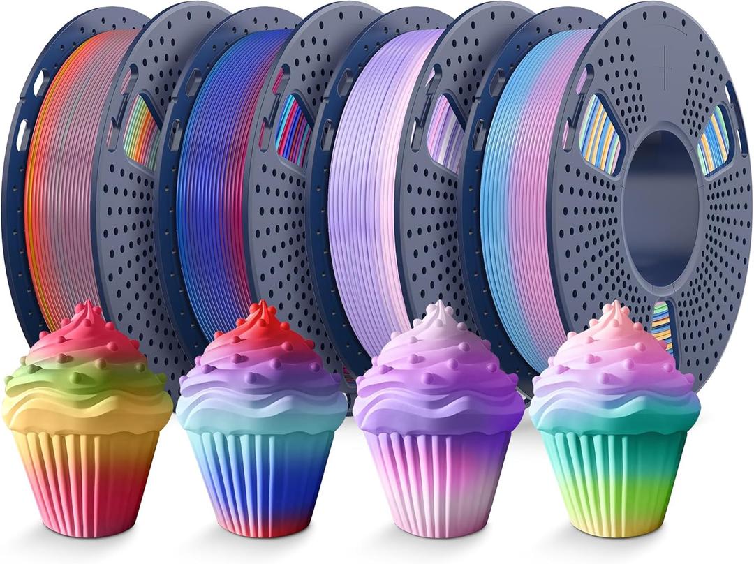 TECBEARS 250G PLA Rainbow Filament, PLA 3D Printer Filament Rainbow, Neatly Wound PLA Bundle, Fast Color Change Each 8 Meters, Dimensional Accuracy +/- 0.02mm, 4 Pack 250g Spool
