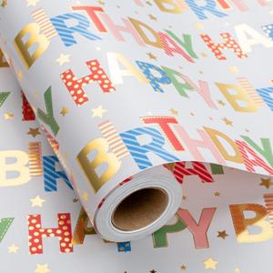 Merture Colorful Wrapping Paper Roll - 17 In X 32.8 Ft - Foil Happy Birthday Lettering & Candles Wrapping Paper for Birthday, Baby Shower, Party