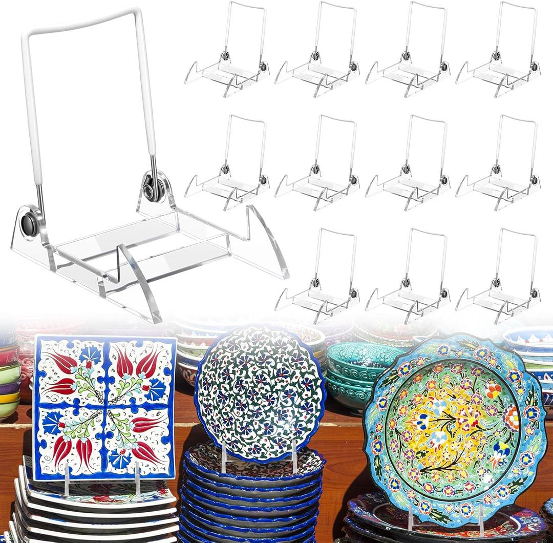 DoubleFill 12 Pcs Acrylic Plate Stand Adjustable White Wire and Clear Acrylic Display Easel 4.1" H x 3" W x 4.3" D Holder Stand for Display Plates and Pictures