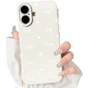 NITITOP Compatible with iPhone 16 Case Cute Aesthetic Love Hearts Bow Knot Pattern for Women Girl Bowknot Slim Fit TPU Bumper Shockproof Full Camera Protection Cover - White