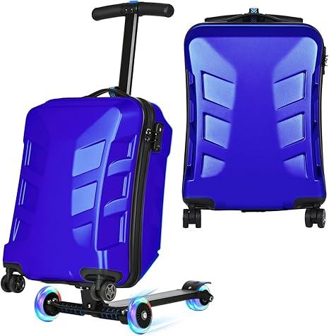 Scooter Suitcase for Kids & Adults，3-D Hardshell Ride On Scooter Luggage with Led Light Up Wheels，TSA Lock，Lightweight Foldable Carry On Rideable Suitcase for Children Teenagers (Blue, 21-inch)