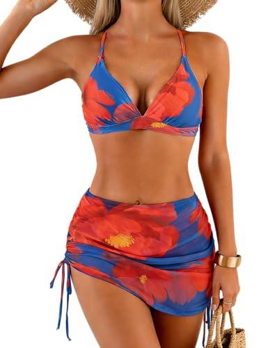 Aidonger Drawstring Bikini Sets for Women V Neck Two Piece Swimsuit Tie Back Bathing Suit Mesh Sheer Swim Skirt Size M