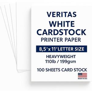 Veritas White Cardstock 8.5 x 11, 110LB/199GSM Heavyweight Card Stock, 100 Sheets, Thick Cardstock Printer Paper for Copy, Printing, Art Projects, Invitations, Made In USA