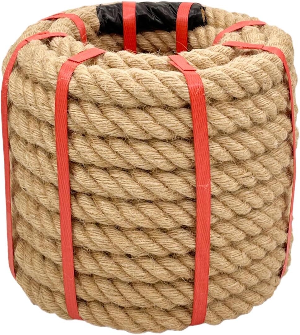 1 Inch x 50 Ft Hemp Rope - Heavy Duty 4 Strand Twisted Twine for Crafts, Nautical Decor, Tug of War, Landscaping, Gardening & Railing (900 lbs Break Strength, Natural Brown)
