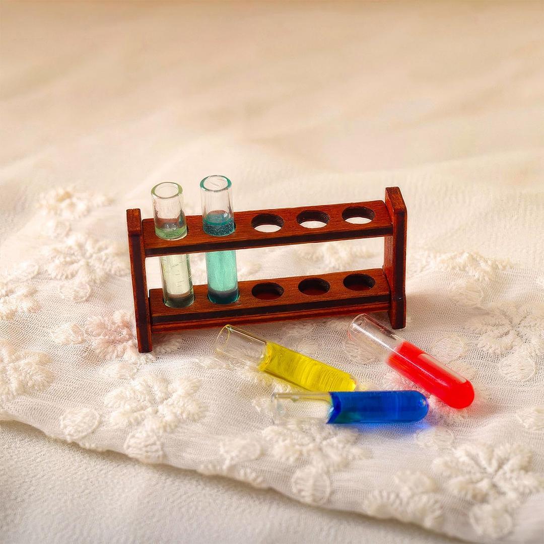 Miniature Test Tube Set: Colorful Glass Tubes & Wood Rack for Dollhouse Lab Decor