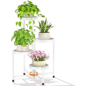 LASZOLA 4 Tiered Plant Stand Indoor Outdoor with Plastic Tray, Corner Folding Tall Flower Display Rack, Modern Plant Holder Shelf for Outdoor Patio Porch Garden Office Living Room, White