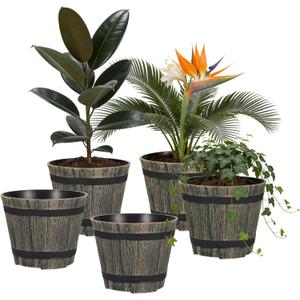 5 Pack 7 Inch Plastic Plant Pots, Whiskey Barrel Planters, Flower Pots for Indoor Outdoor Home Herb Snake Plants, Durable Pots, Set of 5