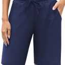 ALove Women's 9" Swim Shorts High Waisted Swim Board Shorts with Pockets UPF 50+ Swimsuit Bottoms Built-in Brief (Large, Navy)