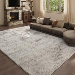 Area Rug 9x12 Washable Rug Beige for Living Room, Dining Room, Bedroom, Large Carpets, Non Slip & Non-Shedding Low Pile Vintage Print Rug for Home Office Decor