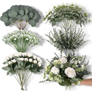 110 Pcs Artificial Eucalyptus Stems and Faux Flowers, 5 Kinds Greenery Stems Bulk, Fake Silver Dollar Eucalyptus Leaves Artificial White Roses for Wedding Decor Vase Centerpieces DIY Bouquet
