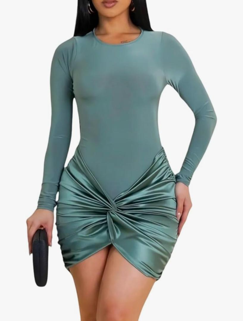 Ekaliy Women's Sexy Long Sleeve Mini Dress Elegant Crew Neck Twist Waist Ruched Bodycon Cocktail Party Short Dresses XXL