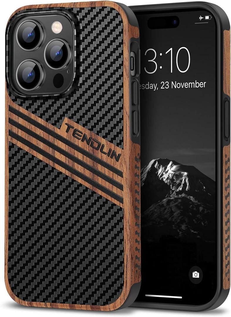 TENDLIN Compatible with iPhone 14 Pro Case Wood Grain with Carbon Fiber Texture Design Leather Hybrid Slim Case (Three Stripe)