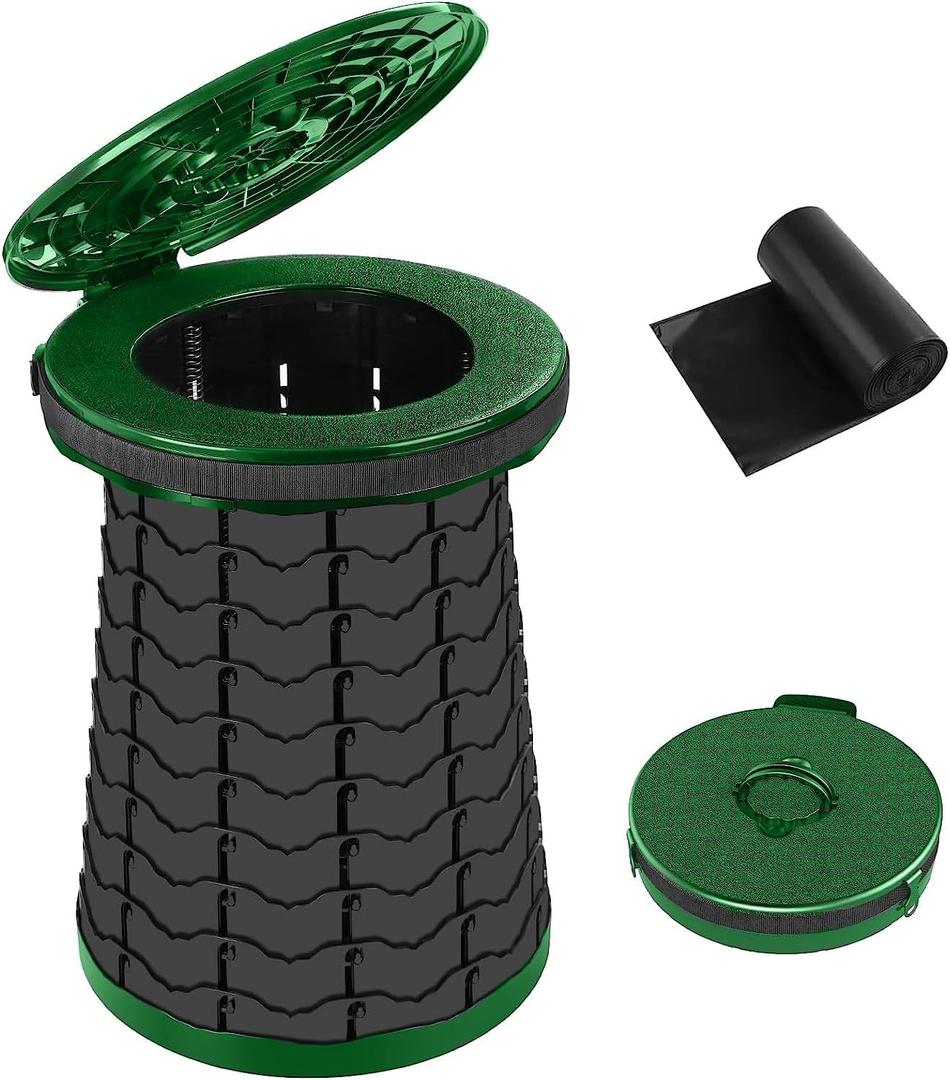 Portable Toilet for Camping, Adjustable Portable Camping Toilet, Luggage Toilet with Lid, Strap, Toiletry Bag for Camping, Hiking, Travel and Car (Green)