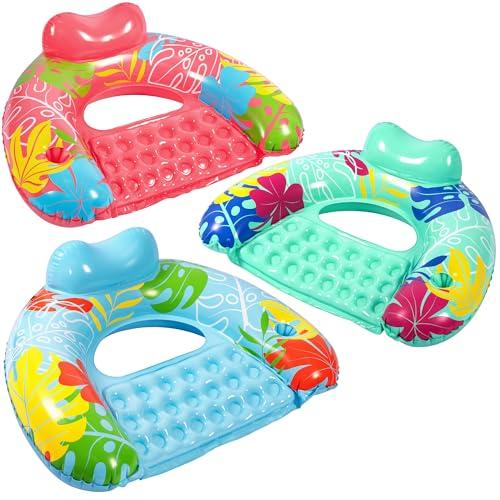 3 Pack Pool Floats Adult, SEETOHOME Inflatable Pool Float Chairs with Cup Holder, Pool Floaties for Adults, Lake Floats Perfect for Pool, Lake, River, Beach, Summer Vacation & Water Party