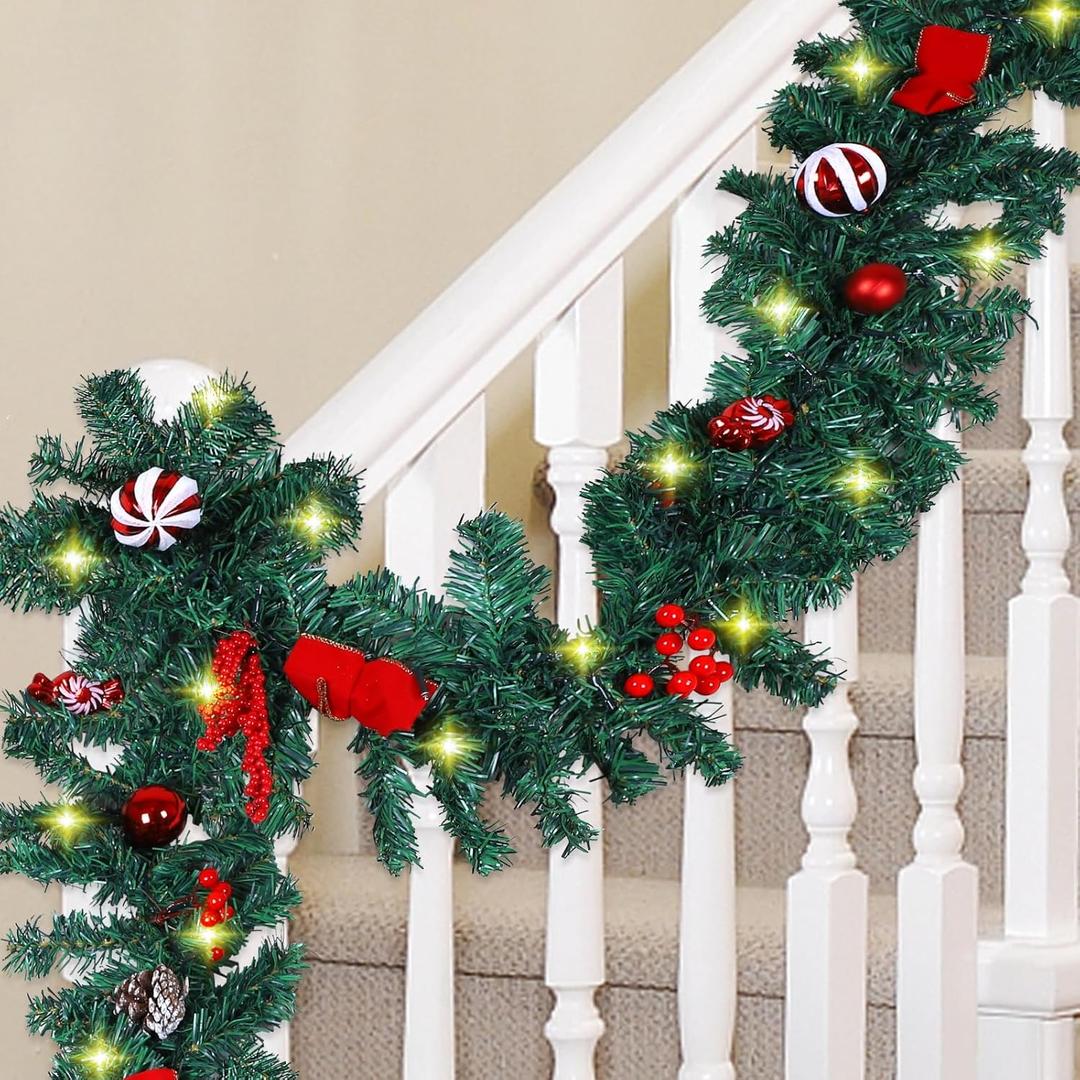 MorTime 4 Pack 9 FT LED Christmas Garland with Pinecones Red Berries Bows Christmas Balls Candies, Multi-Function Christmas Garland with 50 Warm White LED Lights, 180 Branch Tips