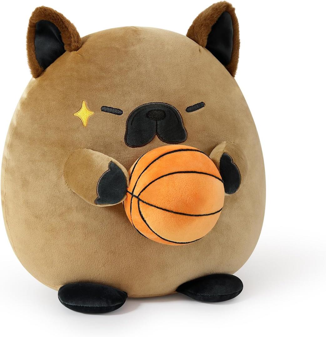 Onsoyours Original French Bulldog Plush with Basketball, Cute 12 inch Sport Dog Dark Brown Stuffed Animal, Ultra Soft Collectible Hugging Gift Puppy Plush Toy