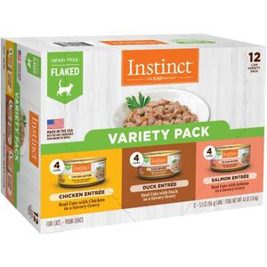 Instinct Flaked Entrees, Wet Cat Food, Variety Pack, 5.5 oz (12 Count) | Tender flaked cuts in savory gravy, high protein, real meat, whole-food ingredients, grain-free, hydration support (EXP 01/12/28)