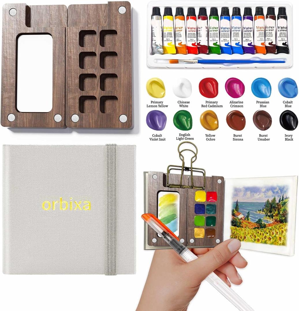Mini Watercolor Palette Paint Set Travel Size - 12 Color Paint with 8-Wooden Grid Palette,Mini Sketchbook & Brushes | Portable Artist Supplies Kit for Students, Beginners, Outdoors Use (gray)