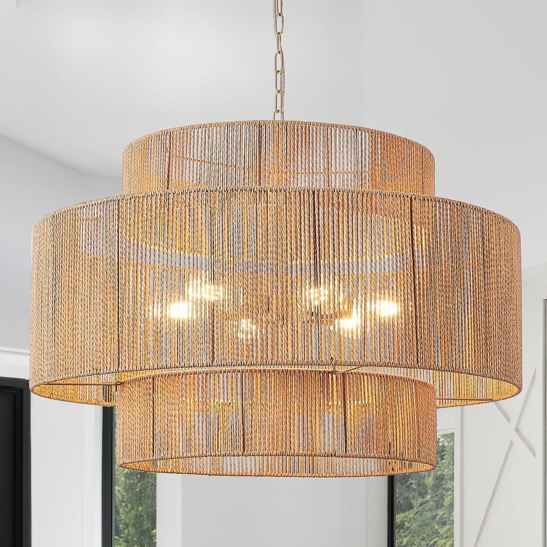 30.7in Large Rattan Chandeliers, 3-Tier Woven Boho Pendant Lights, Hemp Rope Hanging Ceiling Light, Wicker Lighting Fixture for Living Room, Dining Room, Bedroom, Kitchen Island
