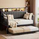 Daybed with Trundle and LED Light, Heavy Duty Metal Twin Bed Frame with Upholstered Storage Headboard & Charging Station, Day Bed Pop Up Trundle Bed Twin for Living Room,Bedroom and Guest Room (Brown)
