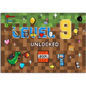 Pixel Backdrop 9 Year Old Birthday Party Decoration 7x5Ft Video Game Themed Banner Gaming Gamer Photo Background for Kids Boy Cake Table Supplies