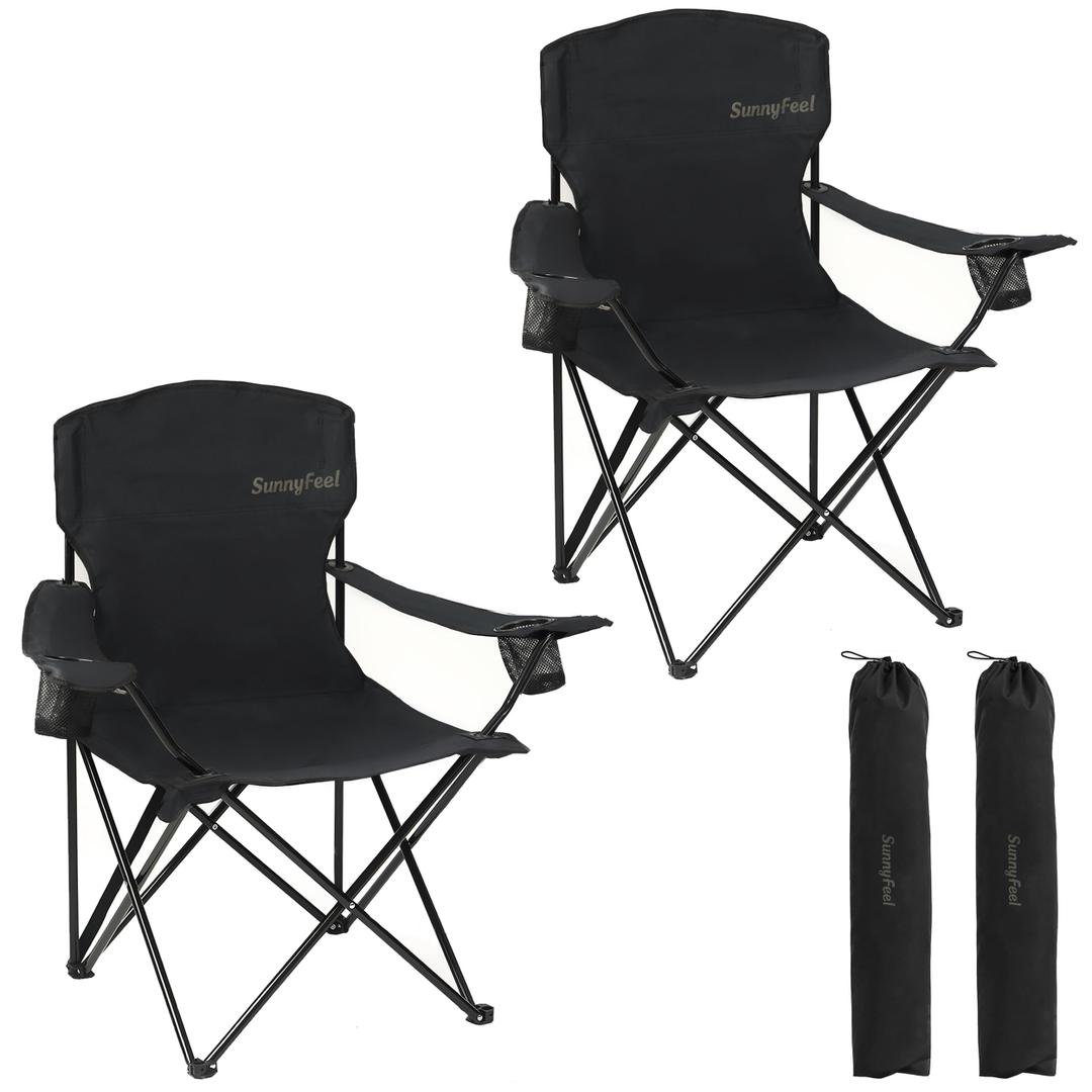 SUNNYFEEL Portable Camping Chair with Side Pockets & Cup Holder 300LBS Capacity Padded Portable Outdoor Chair, Carry Bag Included, Great for Camping, Tailgating, Firepits, Patio, & More Black