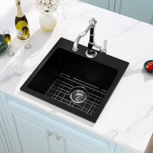 18 Inch Black Drop In Granite Bar Prep Sink 18"x18", 18x18x10-topmount