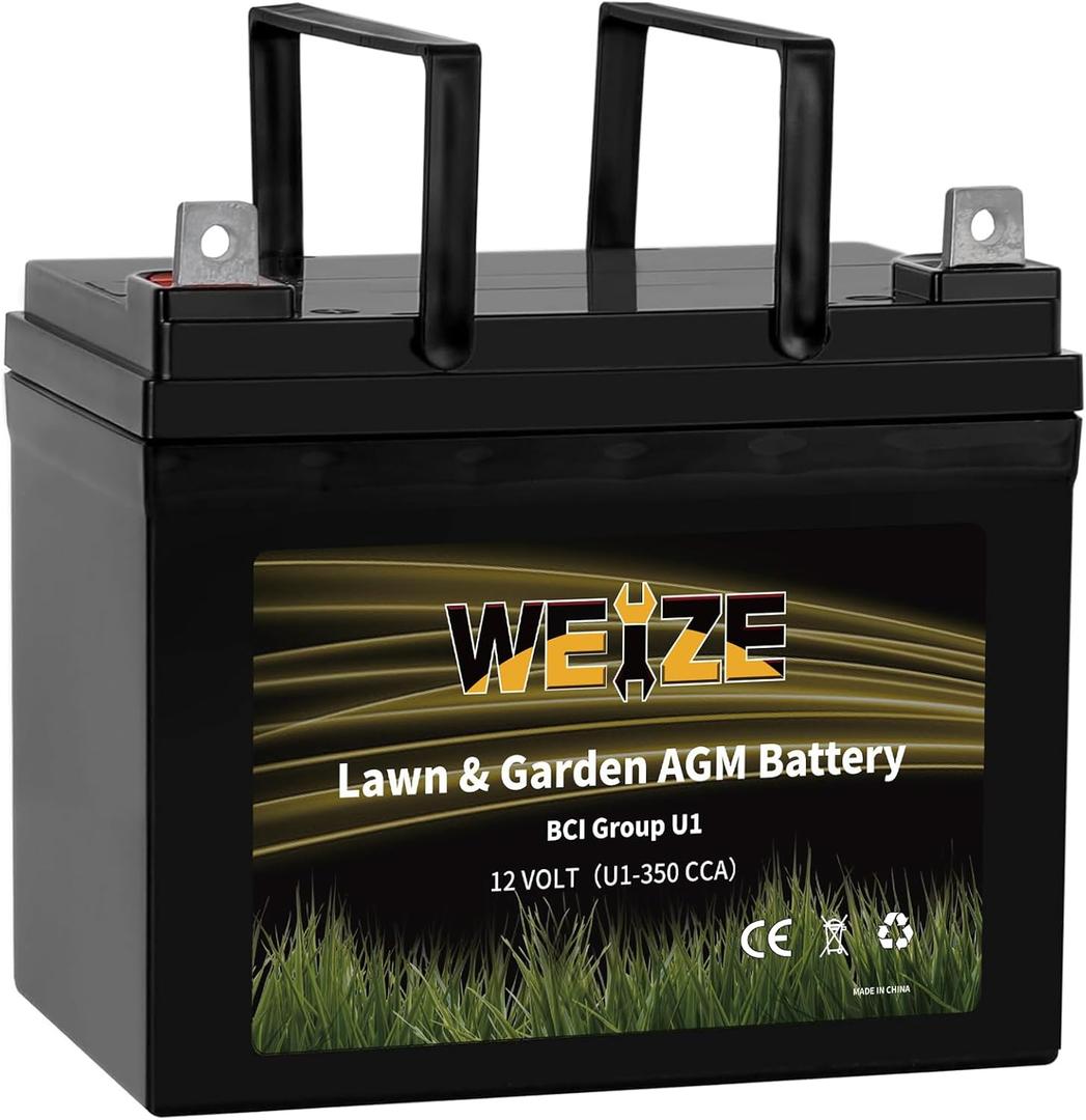 WEIZE Lawn Garden AGM Battery, 12V 350CCA BCI Group U1 SLA Starting Battery for Lawn, Tractors and Mowers, Compatible with John Deere, Toro, Cub Cadet, and Craftsman (U1-350 CCA)