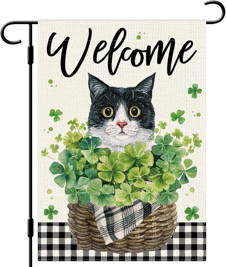 DLZDN Welcome St Patricks Day Cat Garden Flag Shamrocks Clovers Flag 1218 Inch Double Side Vertical Burlap Farmhouse Yard Sign Holiday Outdoor Decoration