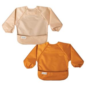 Tiny Twinkle Mess Proof Baby Bib |2 Pack Waterproof Smock Bib for Eating, Machine Washable Full Sleeve with Pocket (Sand Cinnamon, Small 6-24 Months)
