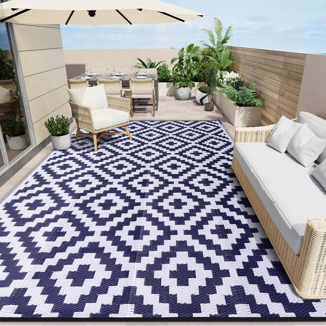 OLANLY Waterproof Outdoor Rug 8x10 ft, Outdoor Plastic Straw Rug for Camping, RV Mat Outside, Indoor Outdoor Carpet for Porch, Deck, Backyard, Balcony, Picnic, Navy & White