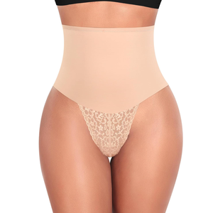 Werena Tummy Control Thong Shapewear for Women Mid High Waisted Body Shaper Underwear Lace Shaping Thong Girdle Panties M