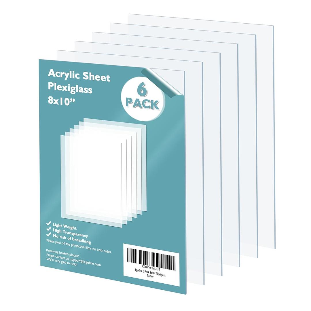 Egofine Plexiglass Sheets Acrylic Sheets 6 Pack of 8x10 0.04 Thick Clear Plastic Cast Transparent Plexi Glass for Crafting Projects, Replacement Picture Frame Glass, DIY Display, Easy to Cut