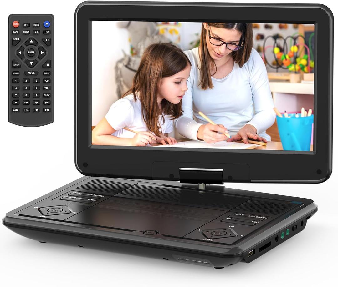 12.5 Portable DVD Player with 10.5 Large HD Screen, 4-6 Hours Rechargeable Battery, Dual Speakers, Region Free, Remote Control, Support Multiple Disc Formats Sync TV, USB/SD, Black