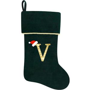 20 Inches Initial Monogram Green Christmas Stocking, Personalized Large Embroidered Letter Velvet Christmas Stocking with Gold Trim Decoration for Family Christmas Holiday Party Decor(Letter V)