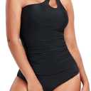 Women's Two Piece Tankini Swimsuits One Shoulder Tummy Control Keyhole Bathing Suits Swim Top with Bottom (Black, L)