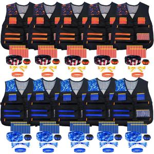 10 Sets Tactical Vest Kit for Nerf Party Supplies Favor, 200 Foam Darts, 10 Protective Goggles & Masks, Wristbands  for Boys Birthday Parties Gifts, Blue and Orange Teams