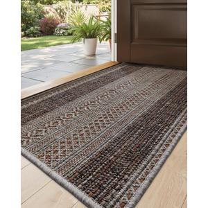 DEXI Dirt Trapper Door Mat, 20x31 Washable Doormat, Dirt Resistant and Absorbent, Easy Clean Low-Profile Floor Rugs for Entryway, Front Door, and Inside Entrance, Striped Brown
