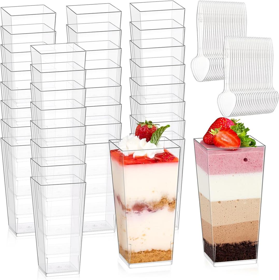 Mwellewm 240 Pcs Dessert Cups with Spoons 120 Pcs 3 OZ Mini Clear Plastic Desert Parfait Cup 120 Pc Spoons for Party Small Square Serving Wine Shot Disposable Fruit Ice Cream Mousse Appetizer Bowl