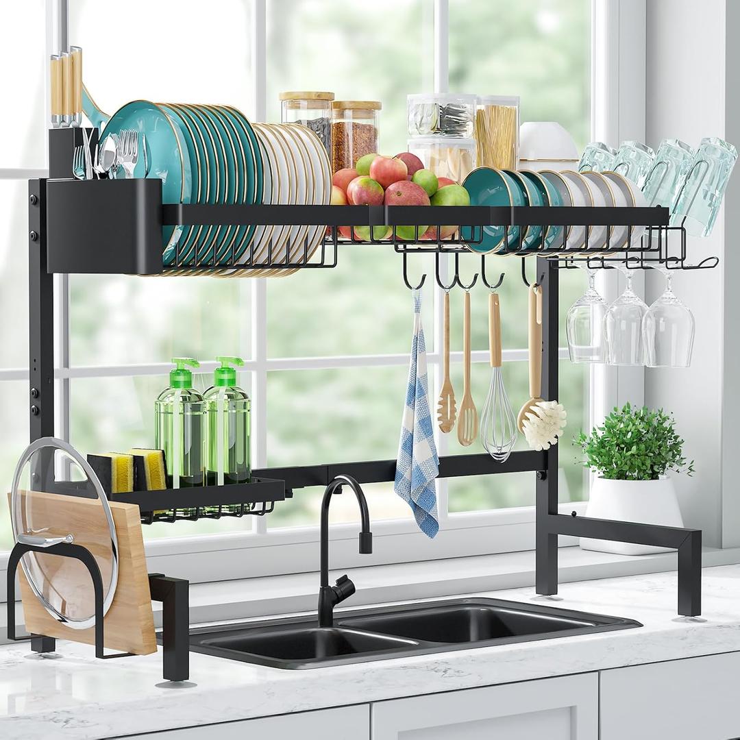 Over The Sink Dish Drying Rack - Adjustable 2 Tier X-Large Capacity Stainless Steel Drainer with Cutlery & Utensil Holders, Kitchen Storage & Organization, 31.5"-39.5"L x 12"W x 24.5"H, Black