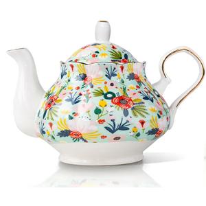 33.8 oz Large Porcelain Tea Pot Shiny Gold Garden Floral Ceramic Teapot Waterpot Tea Maker for Blooming Loose Leaf Tea Coffee Milk Chrismas Women Gift Housewarming Home Kitchen Décor Mint Green